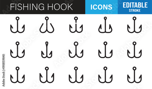 Angler fishing hook minimal line icons editable vector set