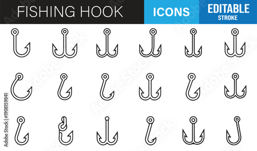 Outdoor fishing gear hook outline icon collection vector pack
