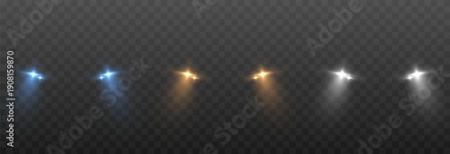 Set of realistic headlights with turned-on lights in different colors. Blue, yellow, white headlight light PNG. Lighting from turned-on car headlights. Light effect.