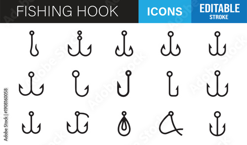 Angling gear and fish hook minimal line icon collection editable vector