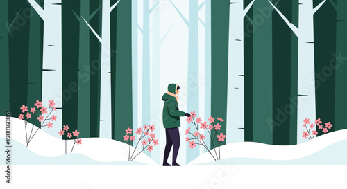 Woman in Winter Forest with Blooming Cherry Blossoms
