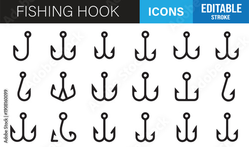Fishing hook outline icons editable stroke angling vector set