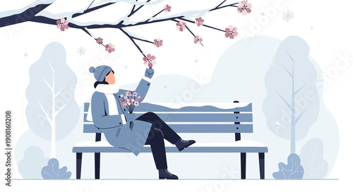 Woman in Winter Park Sitting on Bench Holding Bouquet, Snow Falling