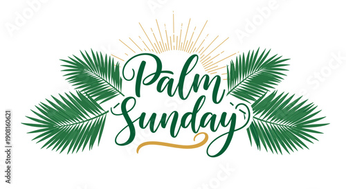 Palm Sunday illustration with green leaves and sunburst design  