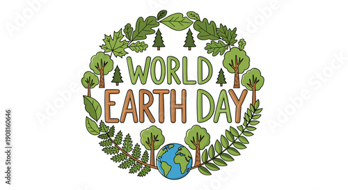 World Earth Day logo with trees and globe surrounded by foliage  