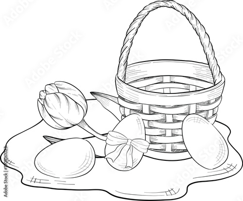 Easter flower festive traditional decor element set. Ink style vector illustration. Engraved outline eggs, knots, spring garden flowers and basket. Monochrome graphics in a hand-drawn line style