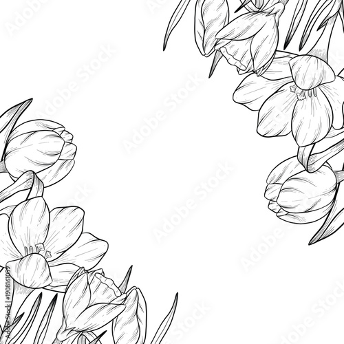 Easter flower festive traditional decor element set. Ink style vector illustration. Engraved outline eggs, knots, spring garden flowers and basket. Monochrome graphics in a hand-drawn line style
