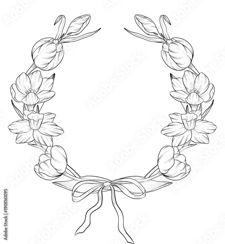 Easter flower festive traditional decor element set. Ink style vector illustration. Engraved outline eggs, knots, spring garden flowers and basket. Monochrome graphics in a hand-drawn line style