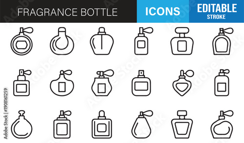 Perfume and cosmetic bottle minimal line icon collection editable vector