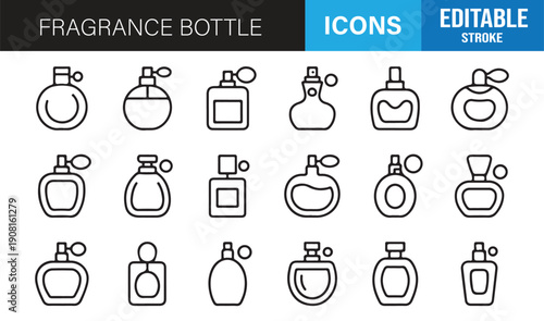 Fragrance bottle outline icons editable stroke perfume vector set
