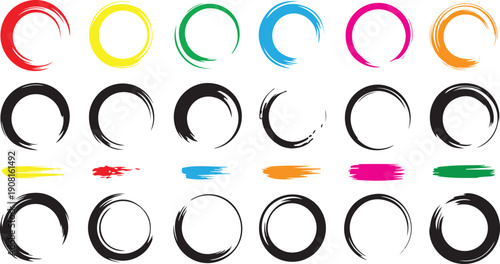 A collection of colorful and black hand painted grunge brush stroke circles and horizontal line elements