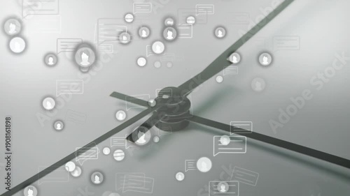 Central clock hub and hands rotating while chat icons flooding after ping, showing activity