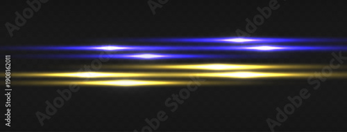 Eight light flares on black background: four blue at the top, four golden yellow at the bottom. Simple glowing effects and reflections.