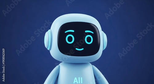 Cute 3D robot with AI text on chest against blue background