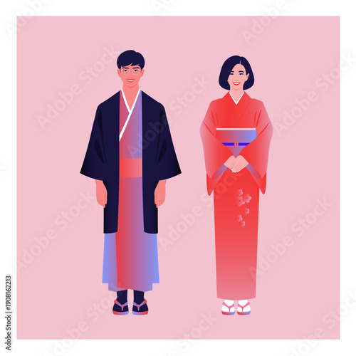 Flat vector illustration of a Japanese couple wearing traditional kimono, representing Japanese culture, traditions, and travel to Japan.