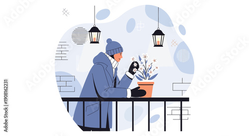 Woman in winter coat tending to blooming plant on balcony, cozy atmosphere