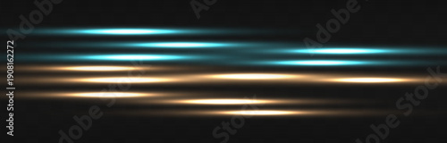 Cluster of turquoise and light-gold neon light flares and streaks on a black background. Bright glowing beams and flashes merged into a dense luminous composition.