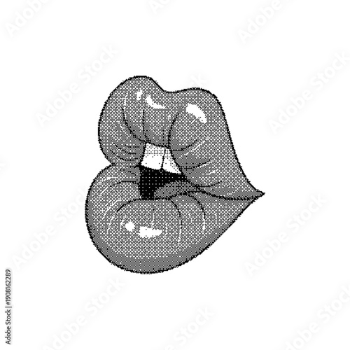 Glossy lips biting down on a cigarette smoking gesture seductive expression halftone illustration