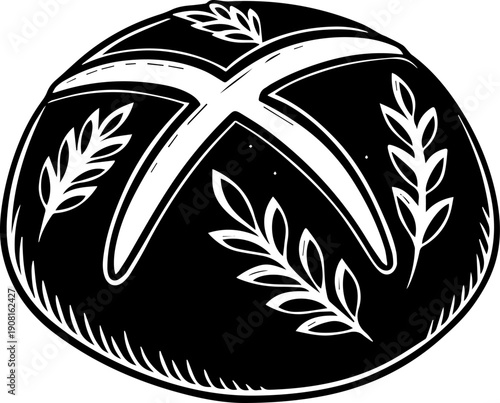 Artisan Sourdough Round Bread Loaf with Wheat Scored Design Black and White Vector Icon
