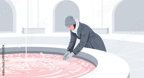 Woman in Winter Coat Touching Pink Water in Circular Fountain