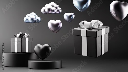 Elegant Black and White Gift Boxes with Floating Hearts and Clouds on Dark Background.
