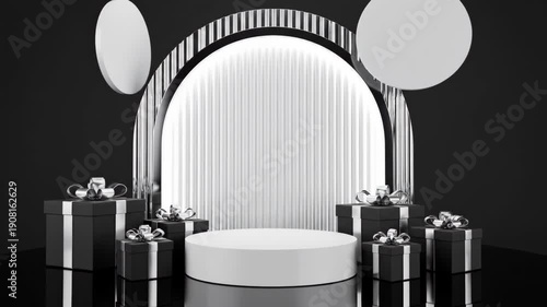 Elegant Black and White Pedestal Display with Gift Boxes and Arch Background.