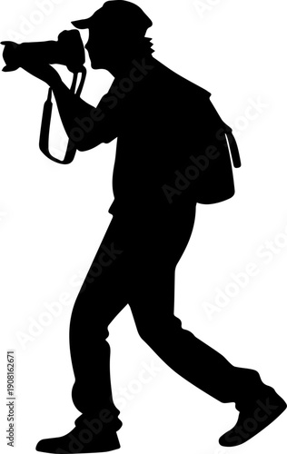 Professional Photographer Silhouette with Camera and Backpack Vector Illustration Black and White Icon