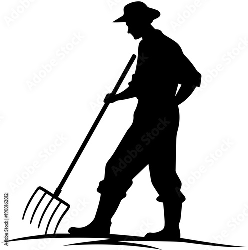 Black Silhouette Vector of Farmer or Gardener Working with a Pitchfork in the Field