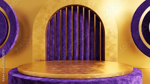 Elegant Golden and Purple Velvet Podium with Arch and Rings for Product Display.