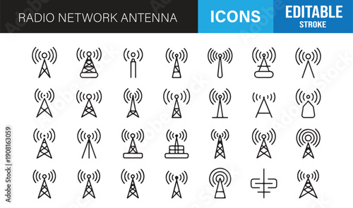 Wireless network and telecom antenna line icon set minimal vector pack