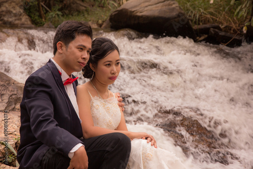 Portrait Wedding on huge Mae Ya waterfall Wedding in Asia