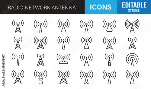 Radio communication antenna outline icons vector collection