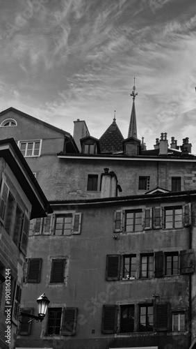 Black and white street photography of the Old Town (Vieille Ville) in Geneva, Switzerland