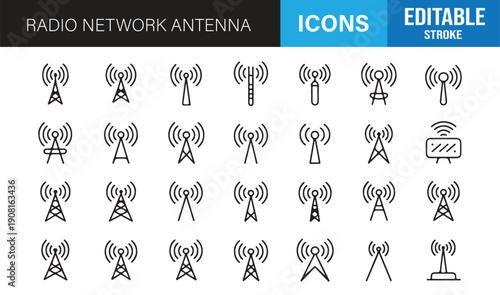 Radio antenna outline icons editable stroke wireless network vector set
