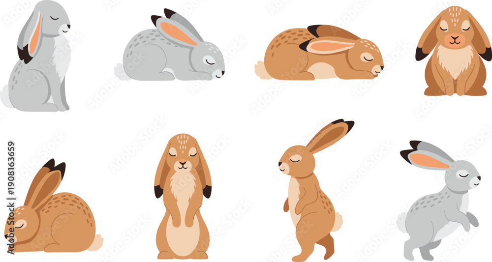 Obraz premium Cute Rabbit Illustration Set with Sitting, Standing, and Resting Bunny Poses for Kids Designs, Animal Characters, Nursery Graphics, and Cartoons