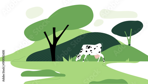 Milk cow grazing on pasture field, eating green grass. Milker with bell on meadow. Domestic animal feeding on organic grassland. Flat vector illustration of dairy farm isolated on white background.