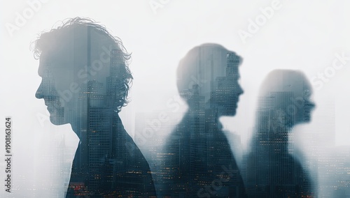 Three figures in silhouette, cityscape layered over profiles. Artistic visualization, light-toned