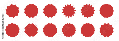 Red starburst badge shapes set. Wavy and pointed circle labels. Promotional sale sticker elements