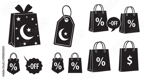 Discount and sale shopping bags and tags with symbols isolated