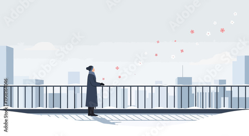 Woman in Winter Coat Gazing at Falling Snowflakes Over City Skyline