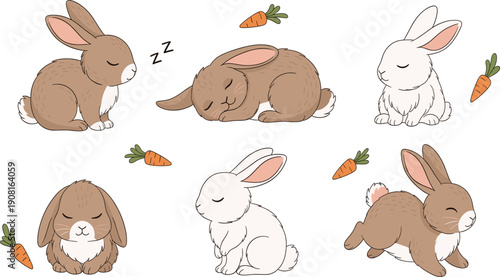 Cute Sleeping Bunny Illustration Set with Calm Rabbit Poses and Carrot Elements for Nursery Designs, Kids Graphics, Easter Art, and Cartoon Characters