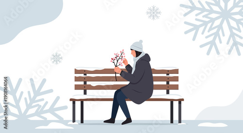 Woman in winter coat holding delicate flowers on snowy park bench
