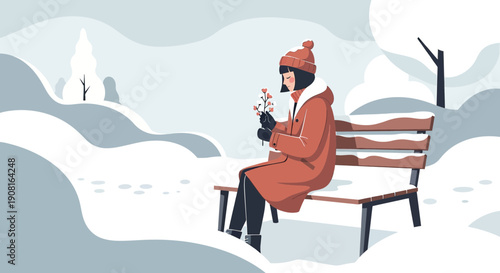 Woman in winter coat holding small flowers on snowy park bench, serene winter scene