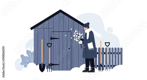 Woman in winter coat holding snowdrops near wooden shed and garden tools