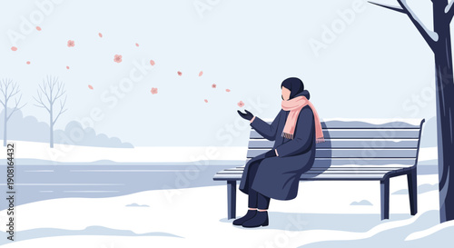Woman in winter coat sitting on snow-covered bench, releasing petals
