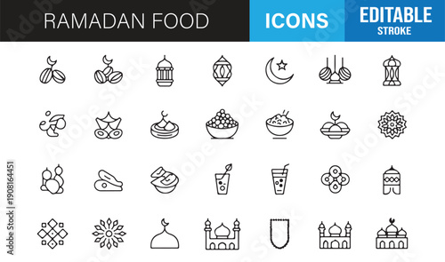 Islamic food and drink outline icon set minimal vector pack