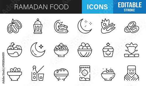 Ramadan festival food icons editable stroke vector collection