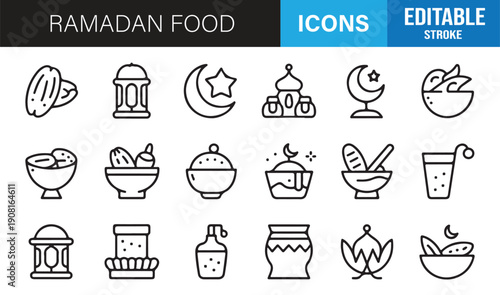 Traditional Ramadan cuisine outline icon collection vector pack