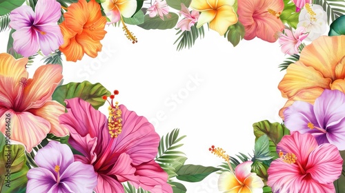 Vibrant Floral Frame Design with Colorful Hibiscus and Tropical Leaves for Elegant Background or Decoration