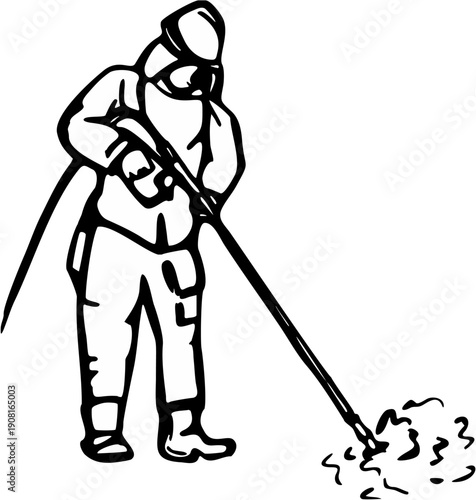 A worker in protective gear using a power tool to clean a surface silhouette